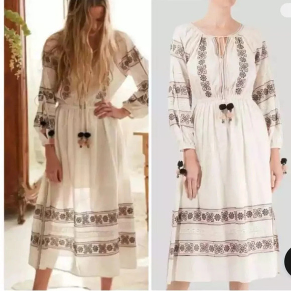 Loveshackfancy Isla Embroidered Boho Pop Pom Midi Dress $395 100% Cotton Small - Picture 3 of 8